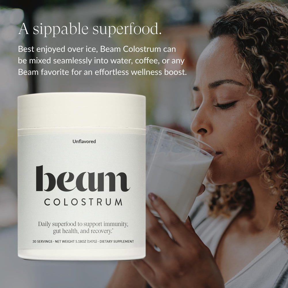 Beam Colostrum Powder no-fillers label communicates clean, pure ingredients.