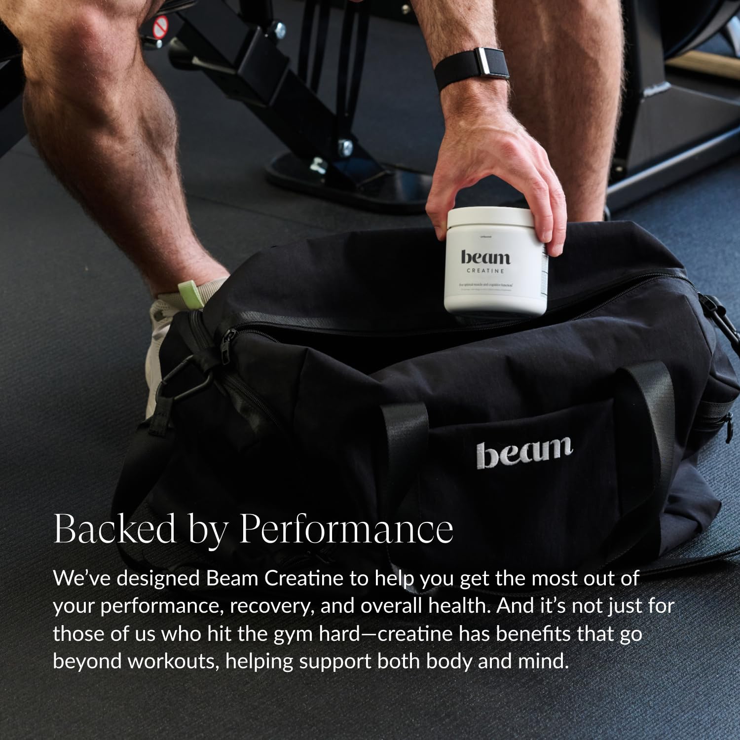 Beam Creatine Powder micronized texture close-up reveals smooth mixing.