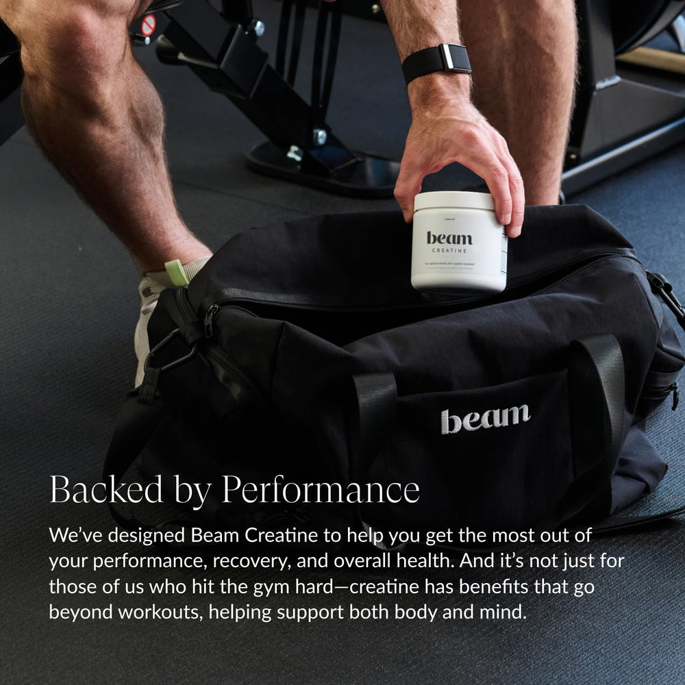 Beam Creatine Powder micronized texture close-up reveals smooth mixing.