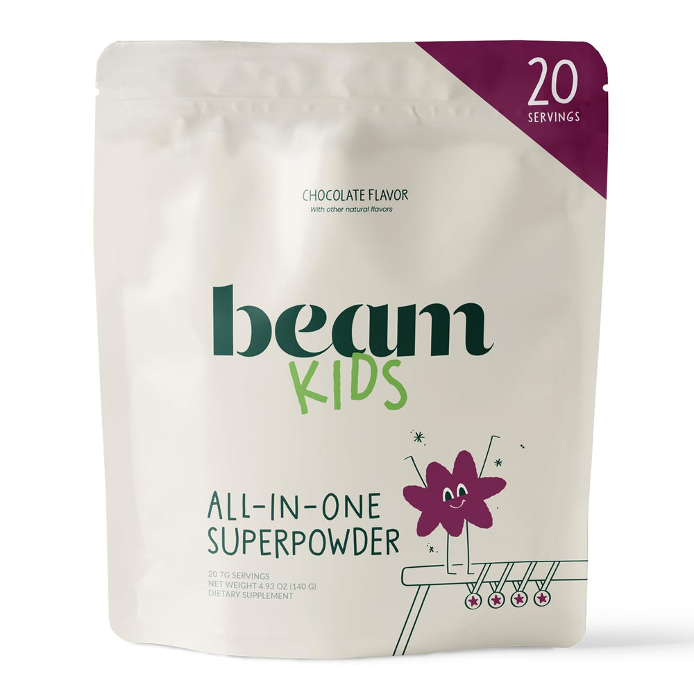 Beam Kids all-in-one bottle closeup showing complete nutrition for growing children