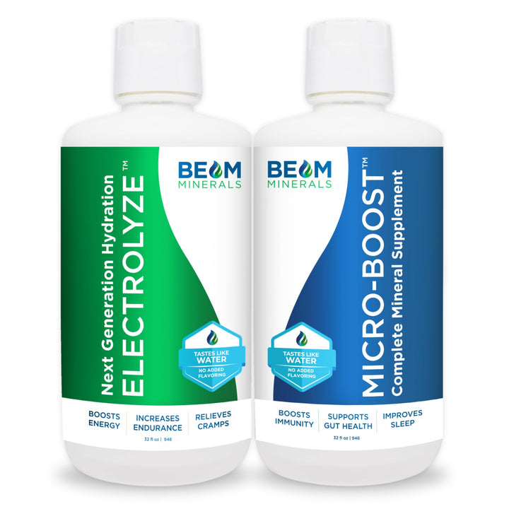 BEAM Minerals Electrolyze bottle pour demonstrates electrolyte-rich hydration support.