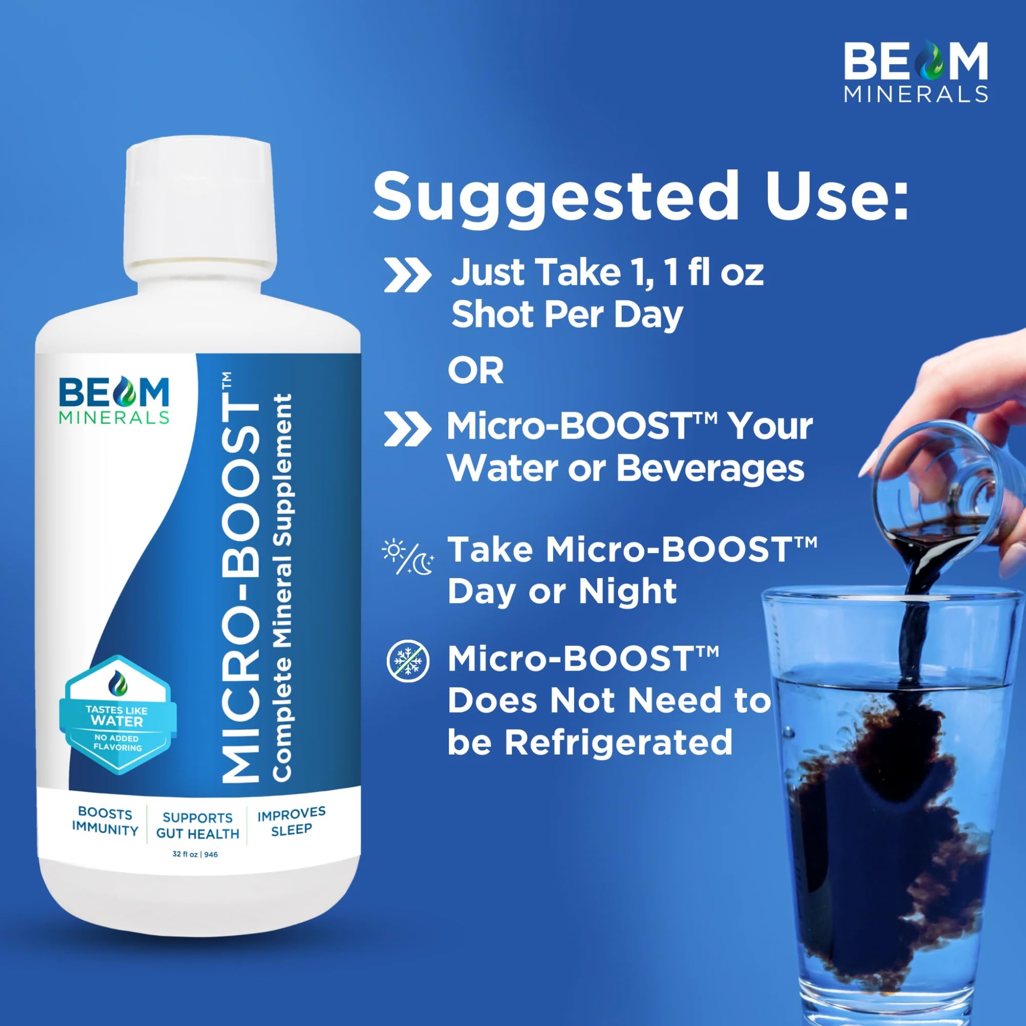 Dispensing BEAM MINERALS Micro-Boost demonstrates easy dosing for daily use