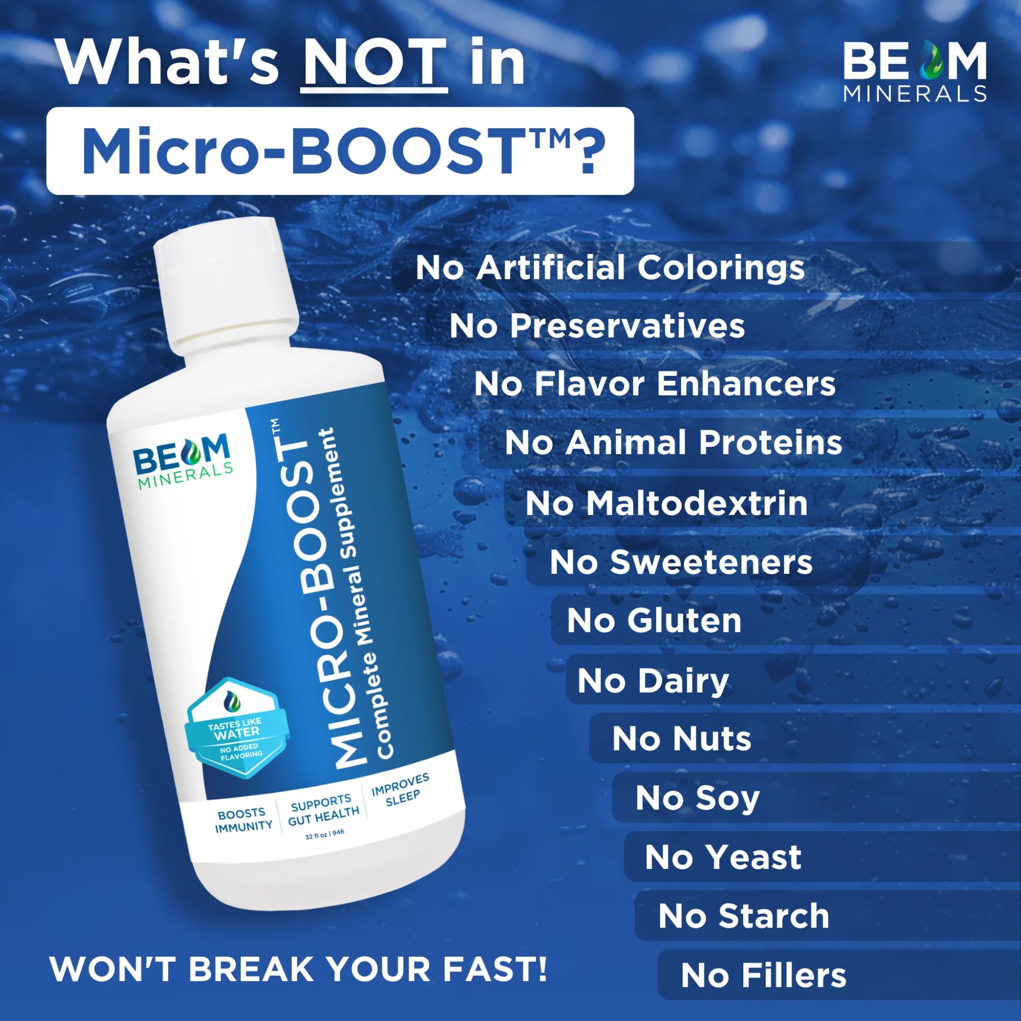 Glass full of BEAM MINERALS Micro-Boost daily mineral intake on a kitchen counter