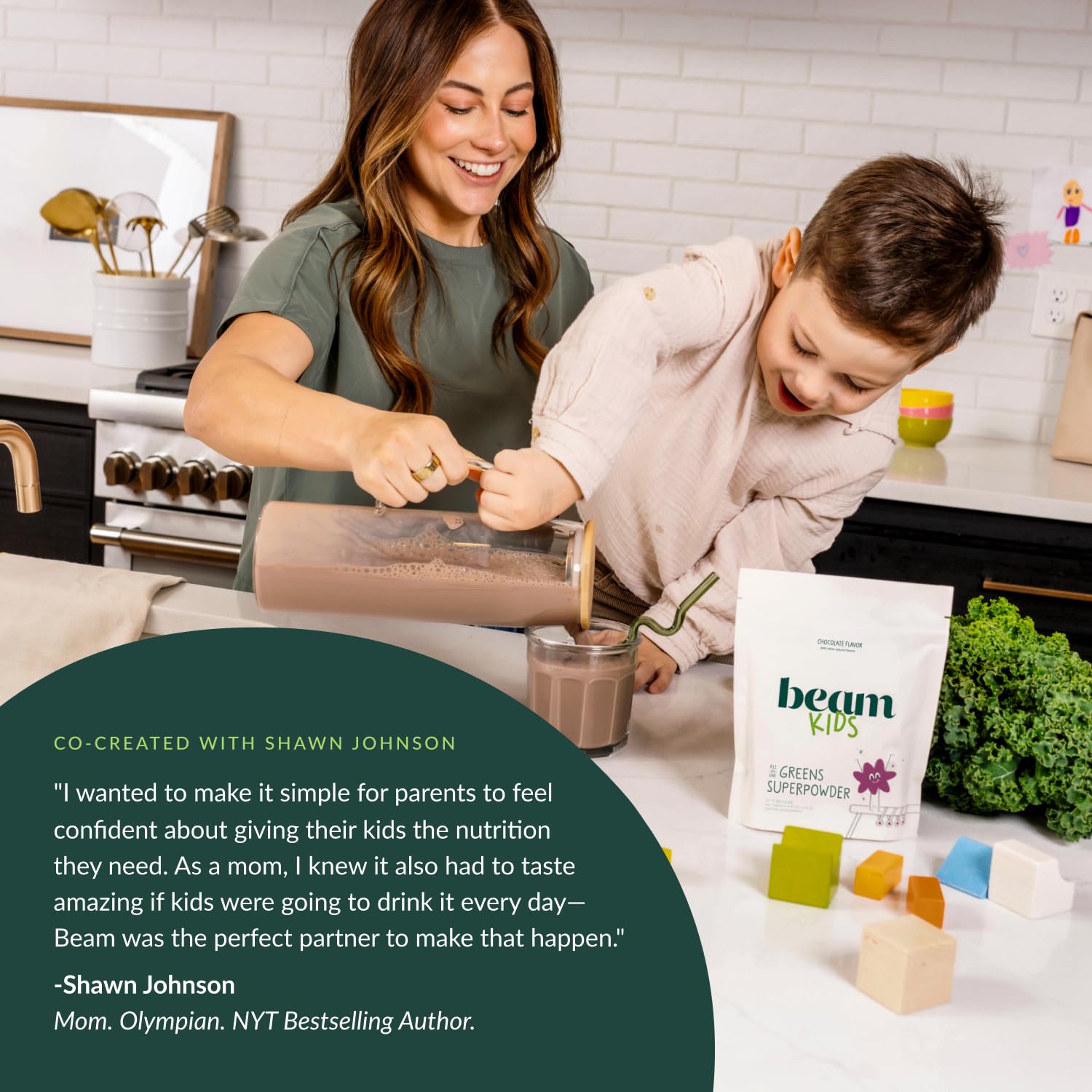 Beam Organic Greens powder packaging close-up highlights clean ingredients.