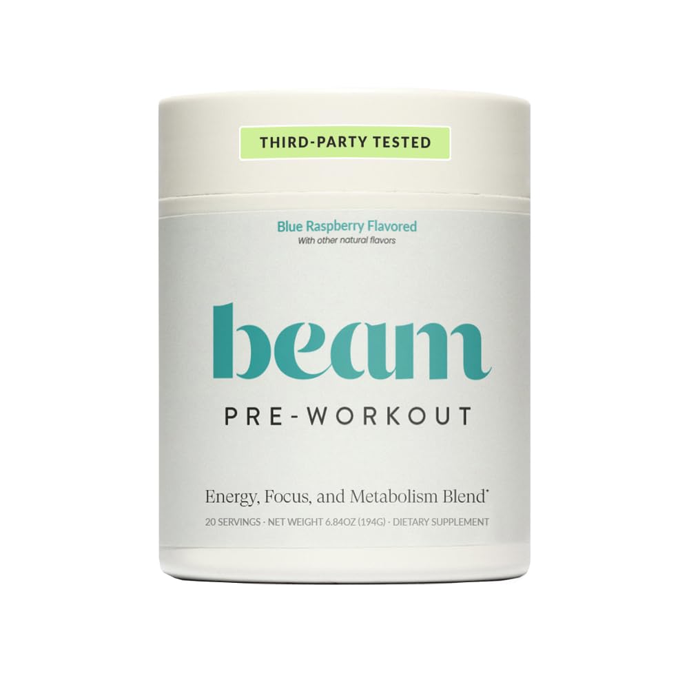 Beam Pre Workout powder tub offering clean energy for workouts.