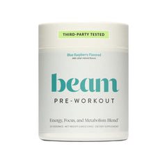 Beam Pre Workout powder tub offering clean energy for workouts.