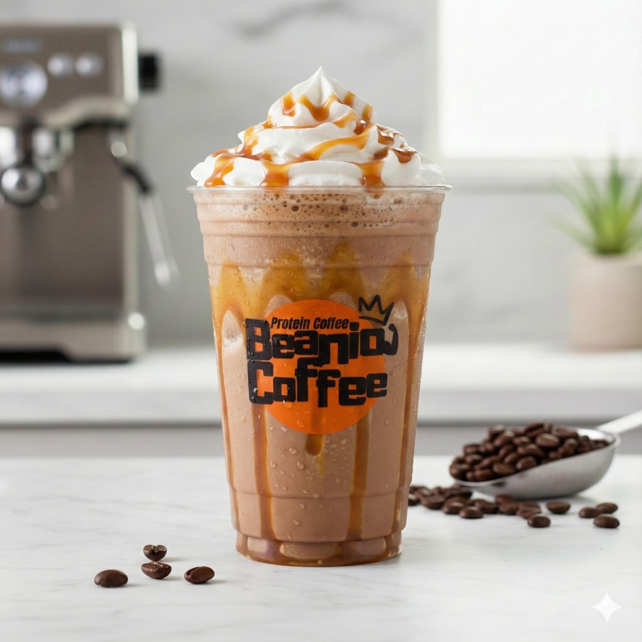 Beanio Caramel Protein Iced Coffee cup with ice highlights refreshing energy.
