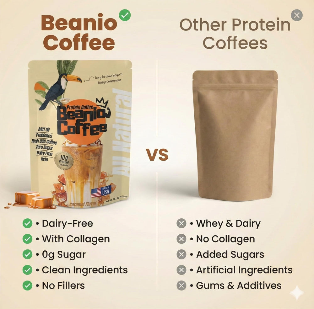 Beanio Caramel Protein Iced Coffee brew emphasizes hot beverage option.