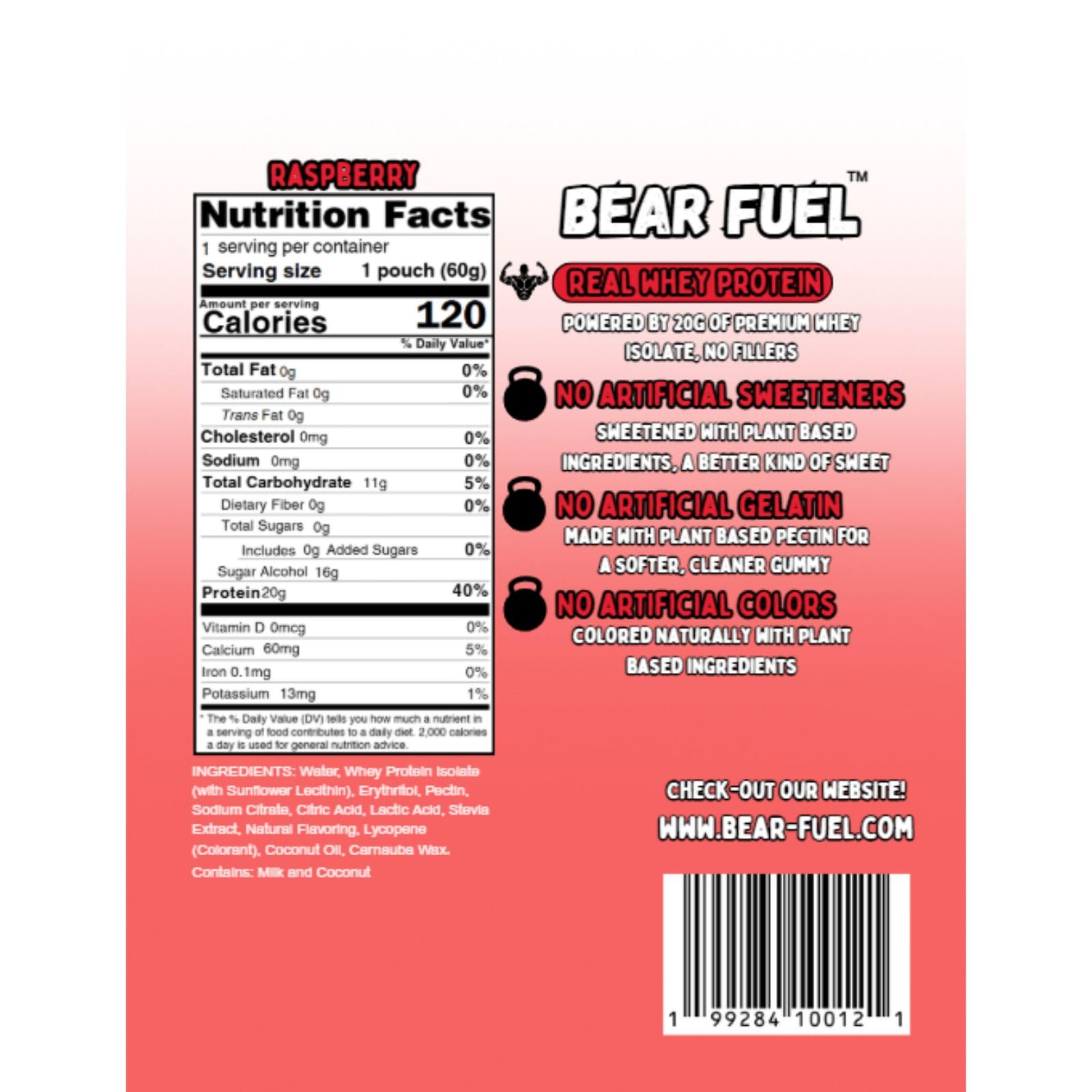 Bear Fuel Protein Gummies fruit variety display with zero added sugar.