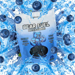 Bear Fuel Protein Gummies pouch view highlighting 20g protein per bag for post-workout fuel.