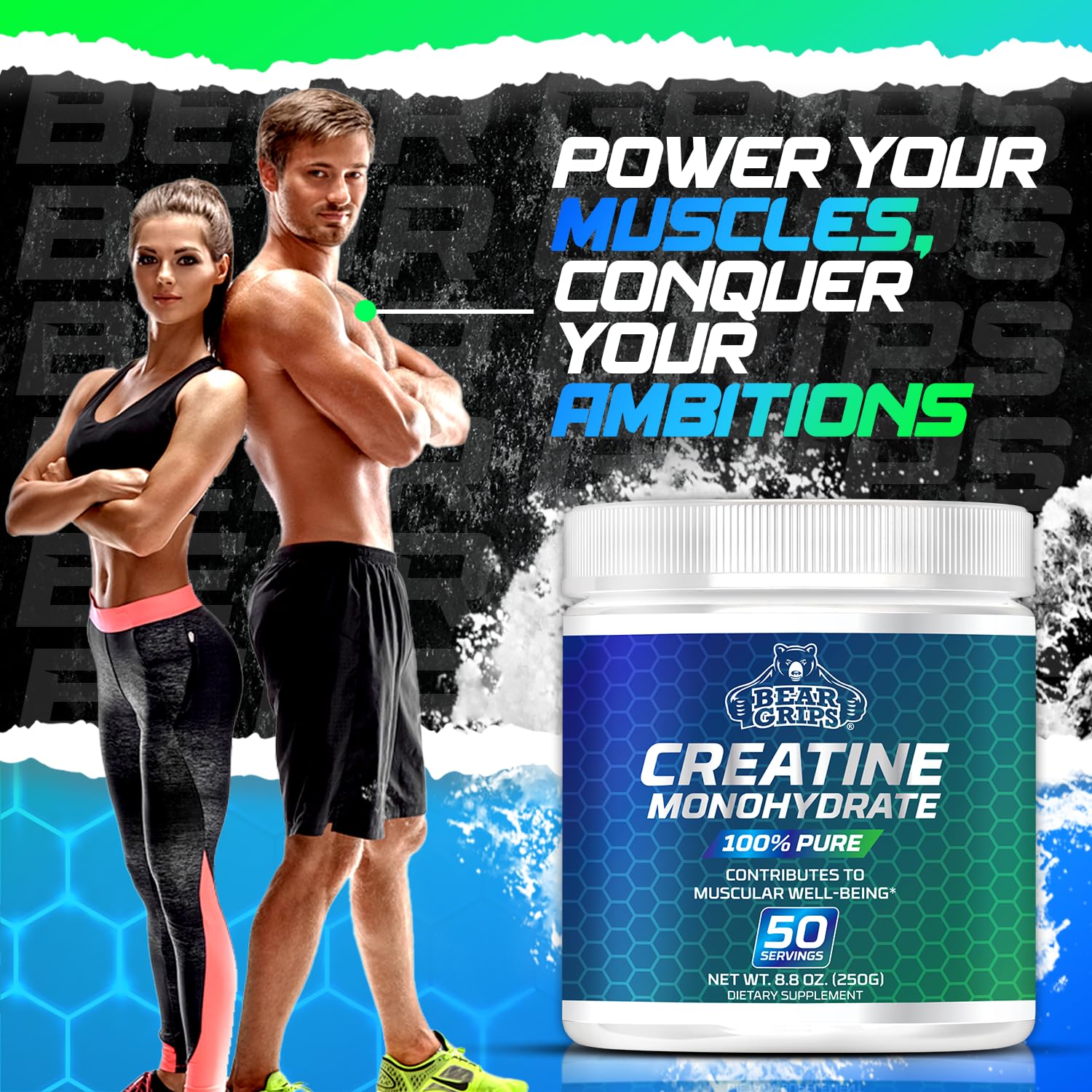 Bear Grips creatine powder packaging showing 50 servings for ongoing use.