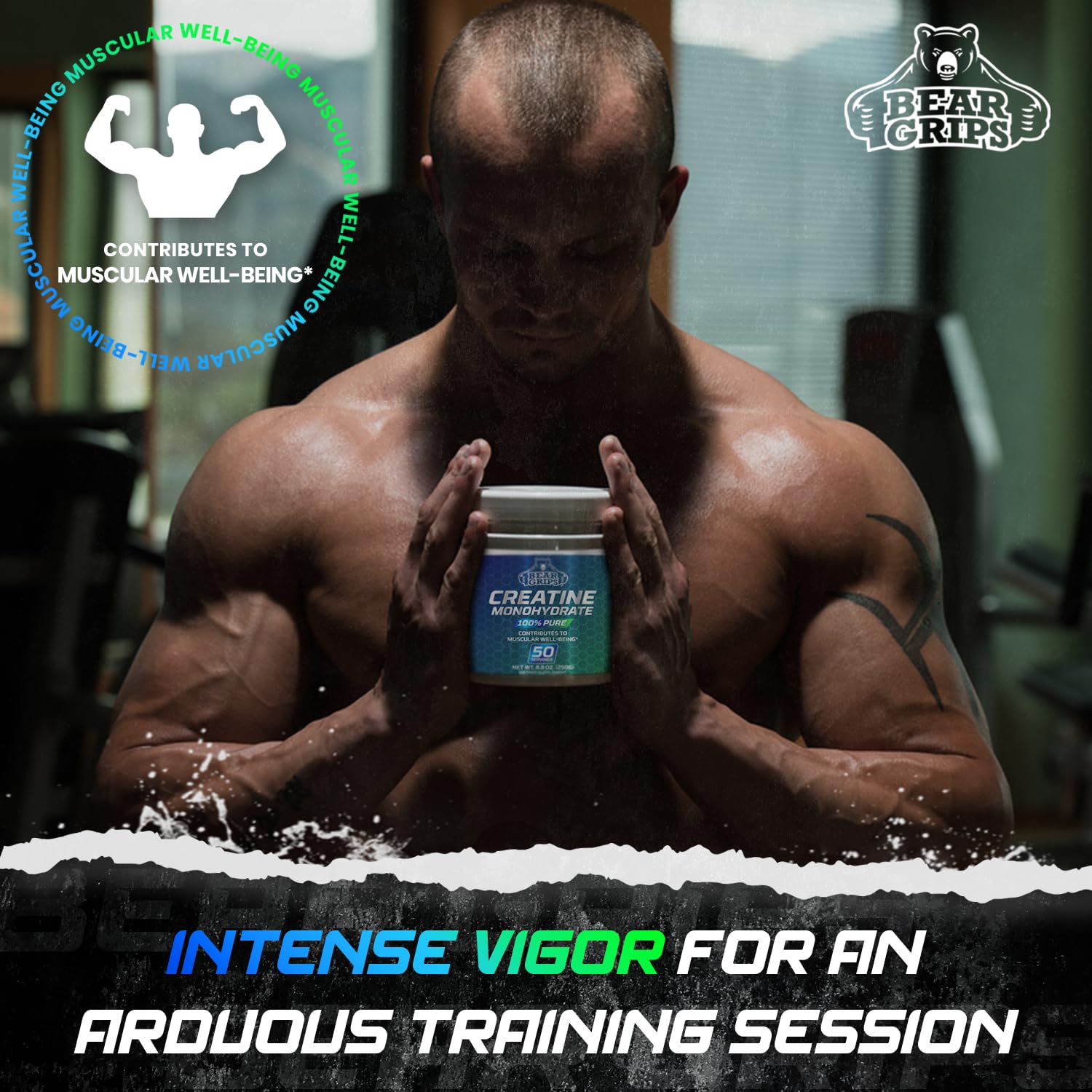 Bear Grips creatine in a workout setting illustrating enhanced endurance support.