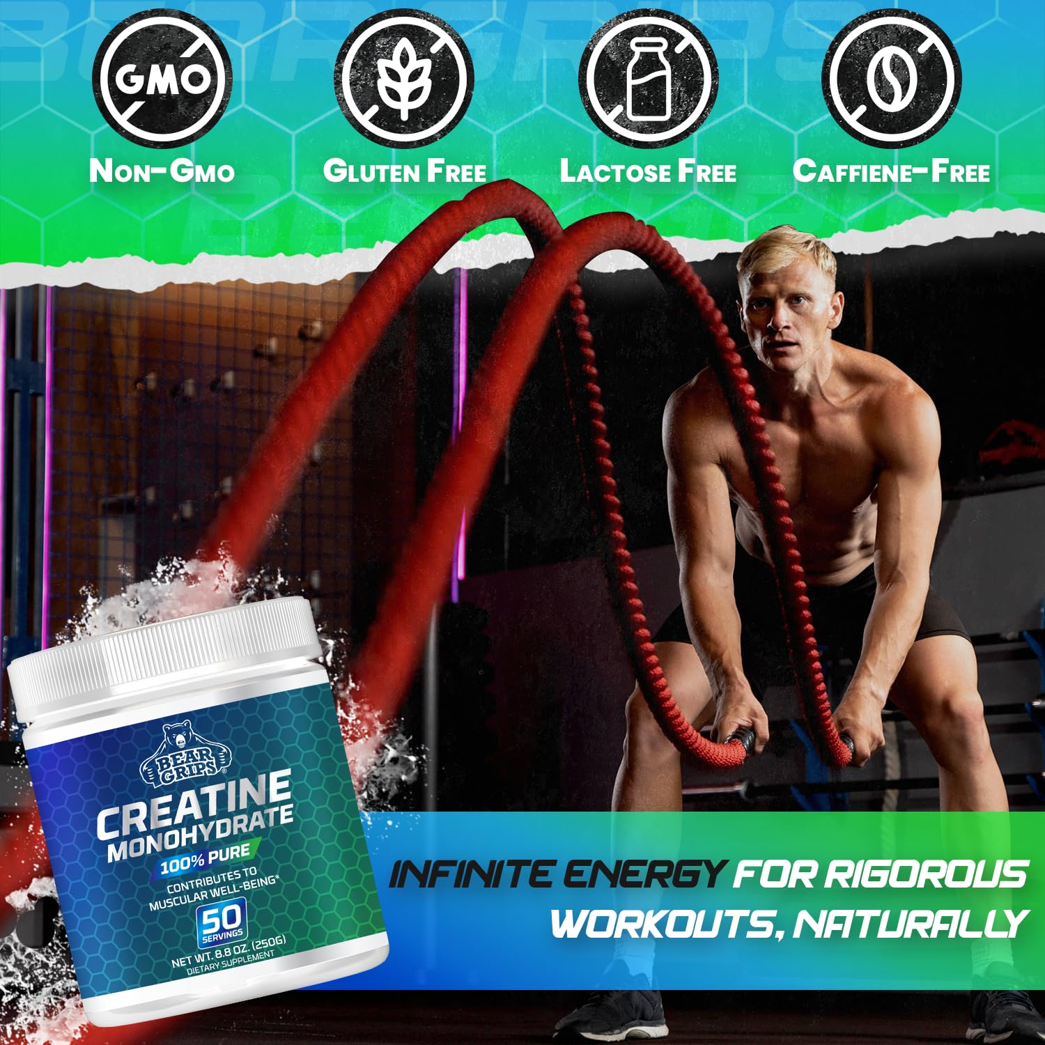 Bear Grips instantized creatine powder shown dissolving without clumps in liquid.