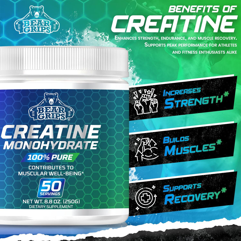 Bear Grips micronized creatine powder highlighting fast absorption and smooth texture.