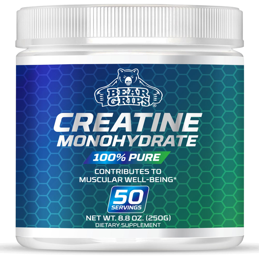 Bear Grips pure creatine monohydrate powder jar for clean, potent gains.