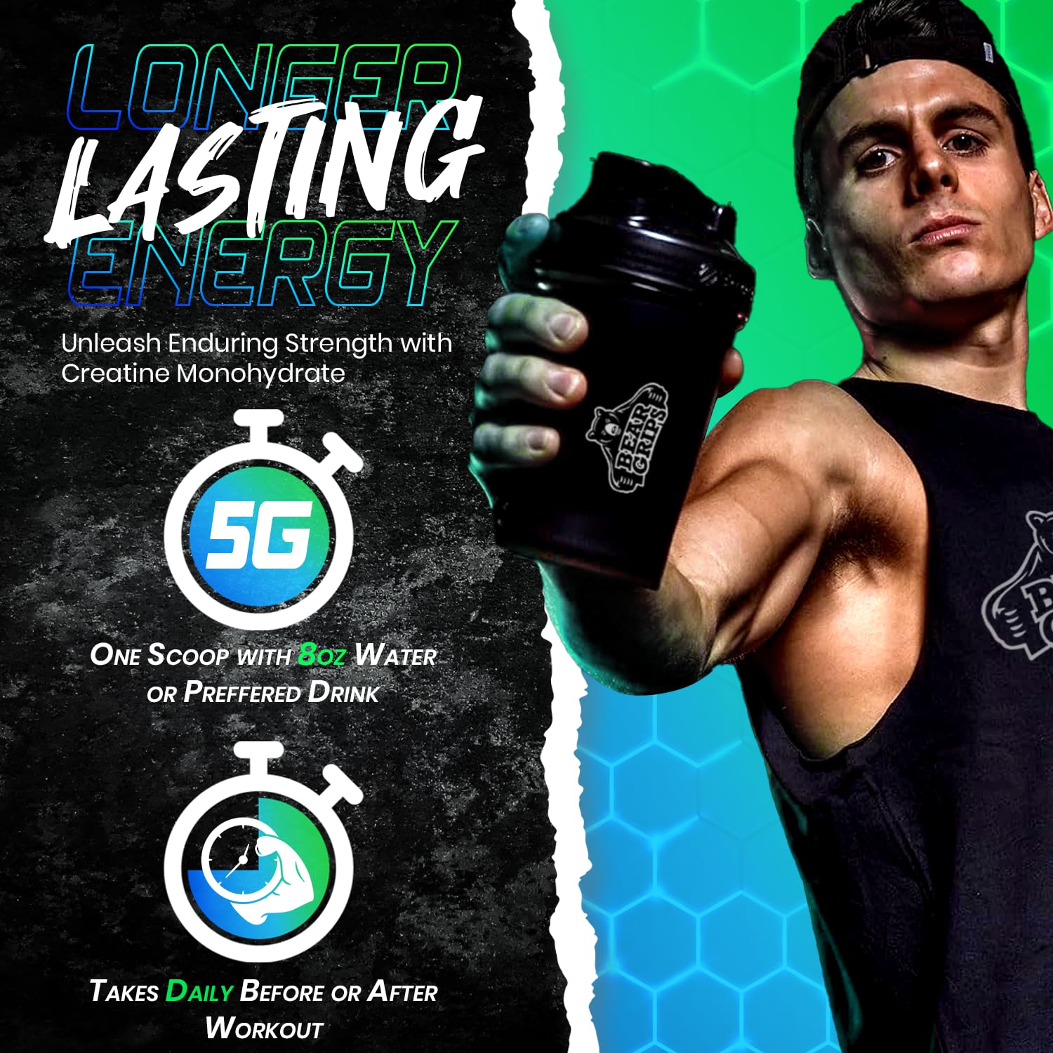Bear Grips pure creatine with no fillers emphasizing purity and quality.
