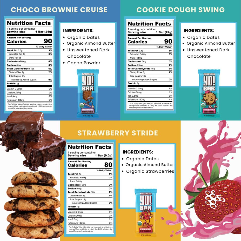 Bearded Brothers Yo! Bar ingredient list shown, highlighting non-GMO and low glycemic options.