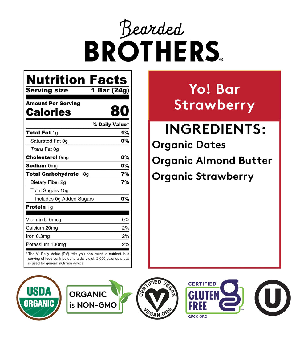 Bearded Brothers Yo Bar vegan organic label showing clean ingredients