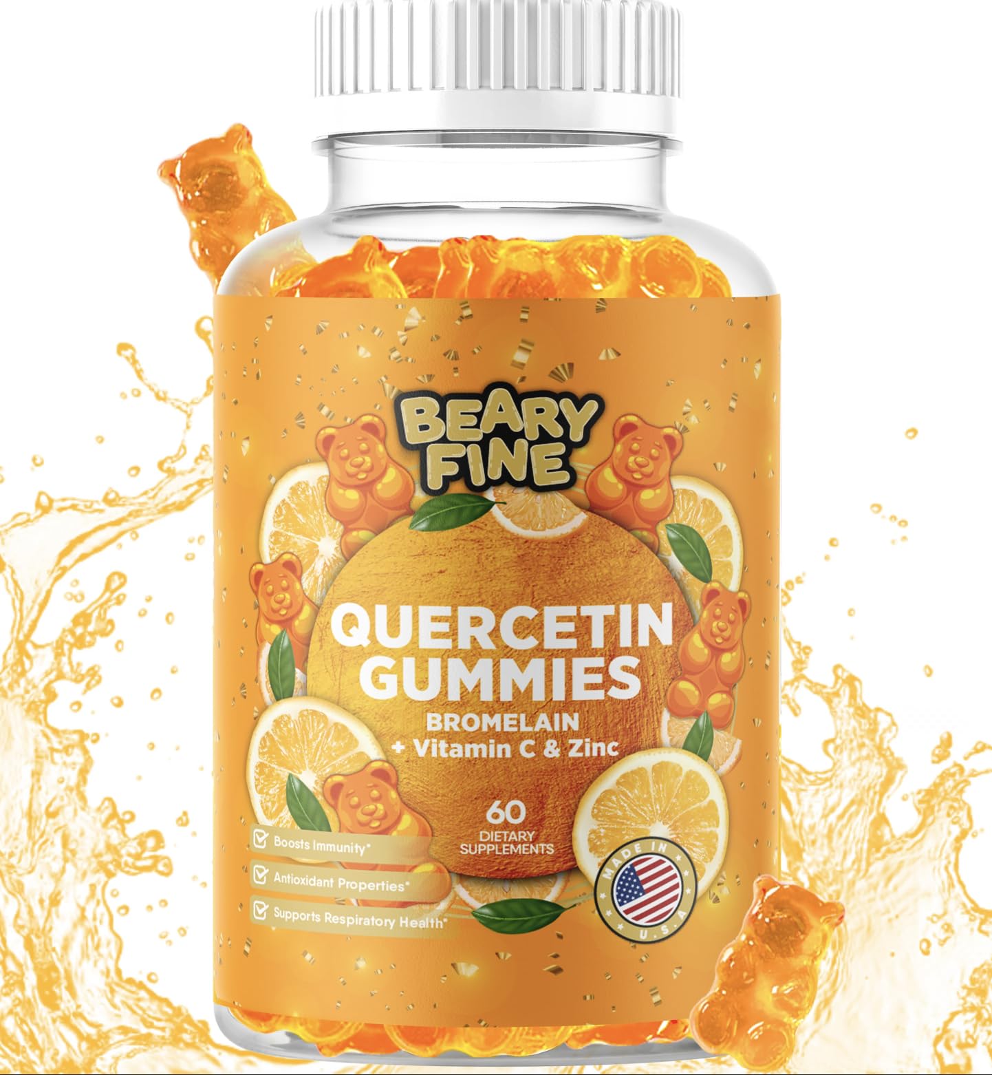 Beary Fine Quercetin with Bromelain gummies bottle front for immune support.