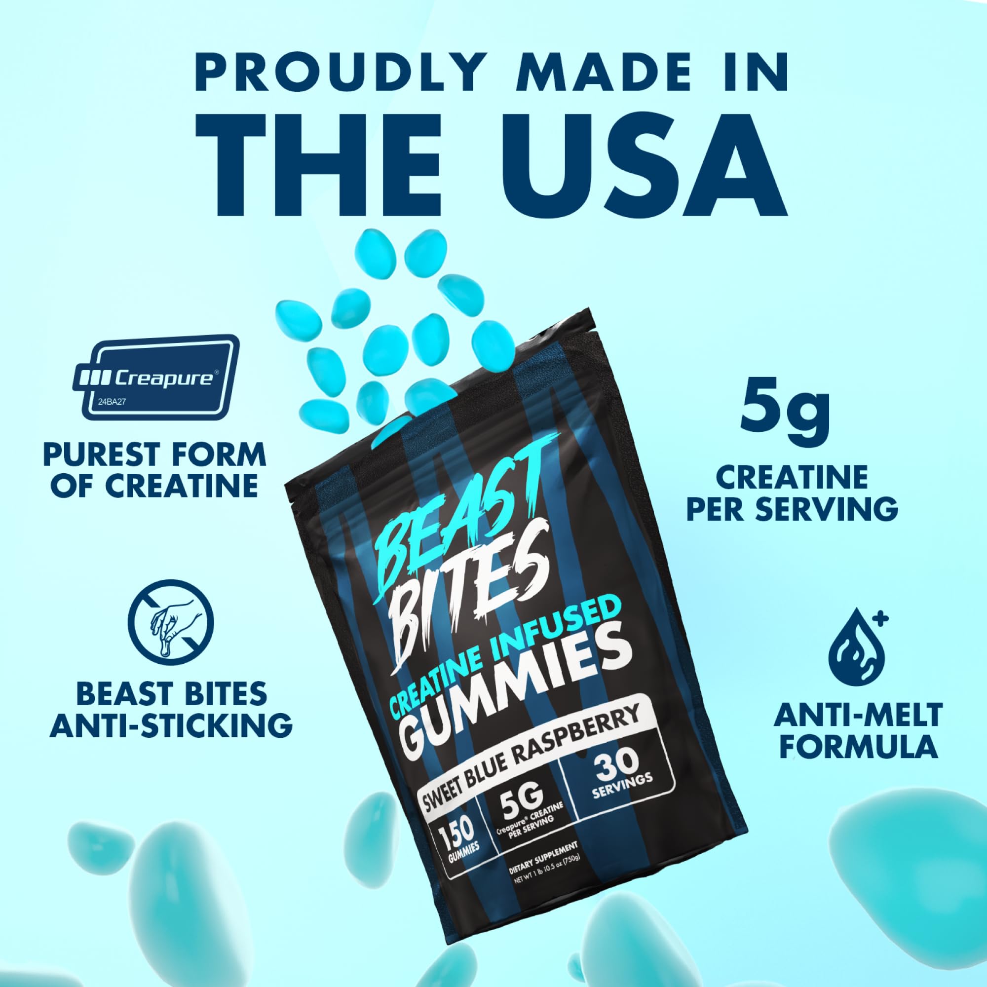 Close-up of BEAST BITES Creatine Gummies showing flavor texture