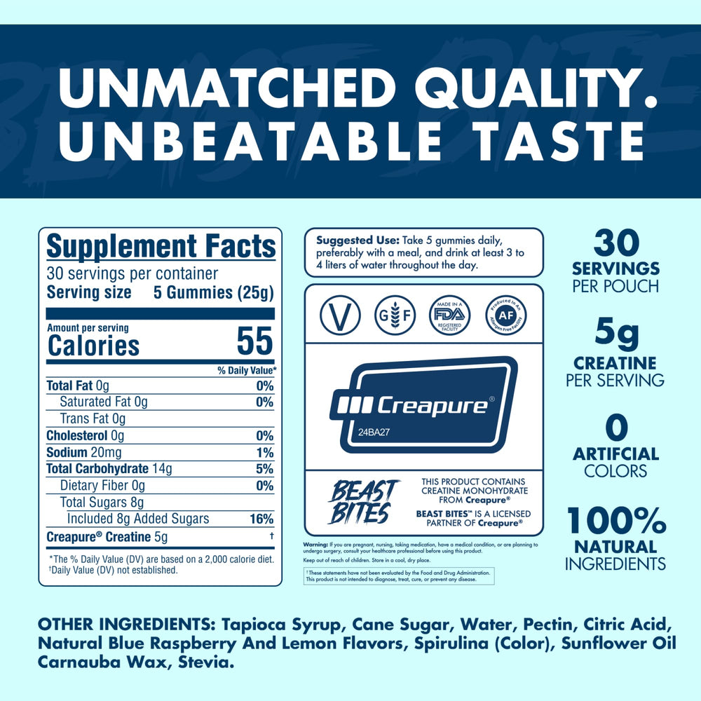 BEAST BITES Creatine Gummies in bottle on gym shelf