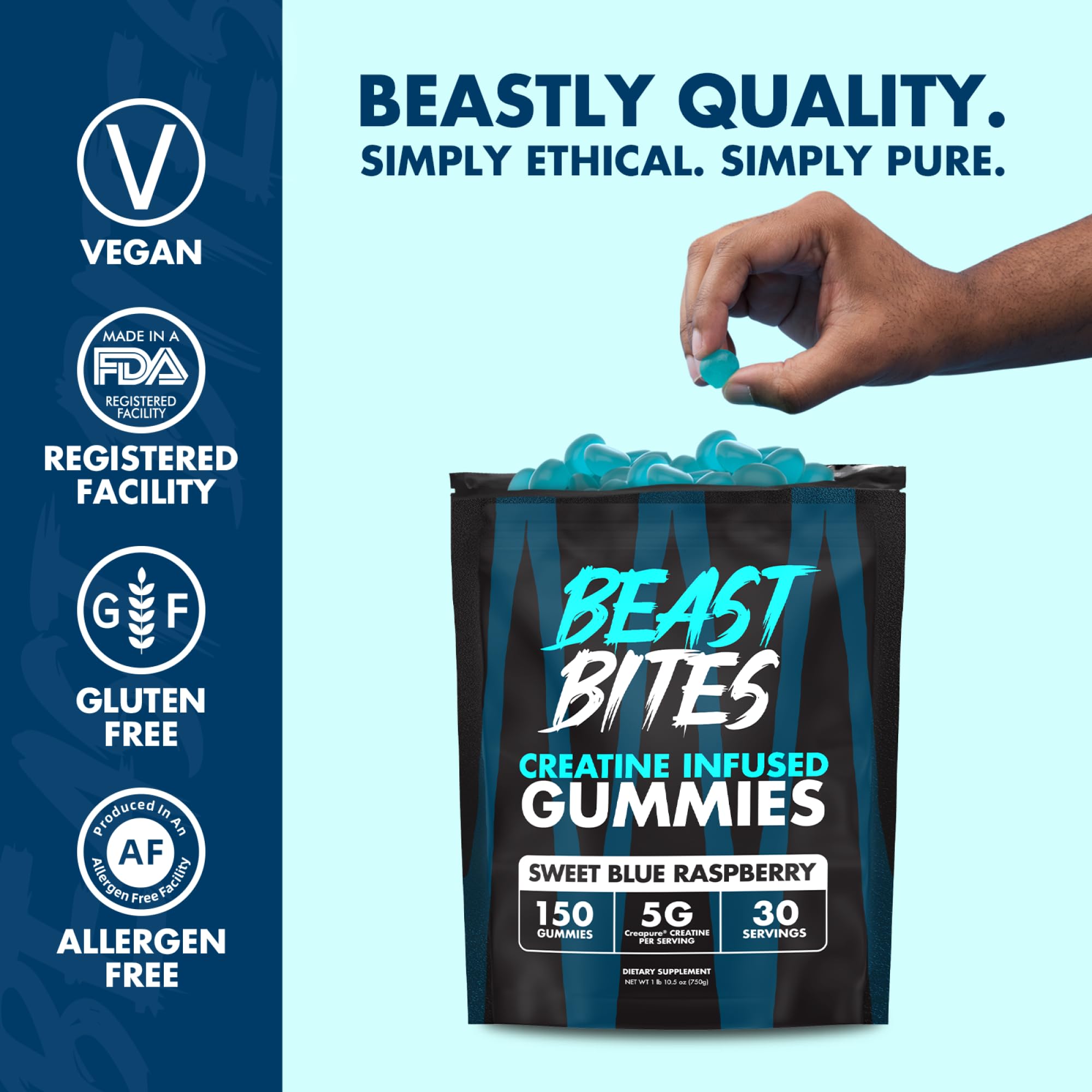 Gummies being poured with BEAST BITES logo visible