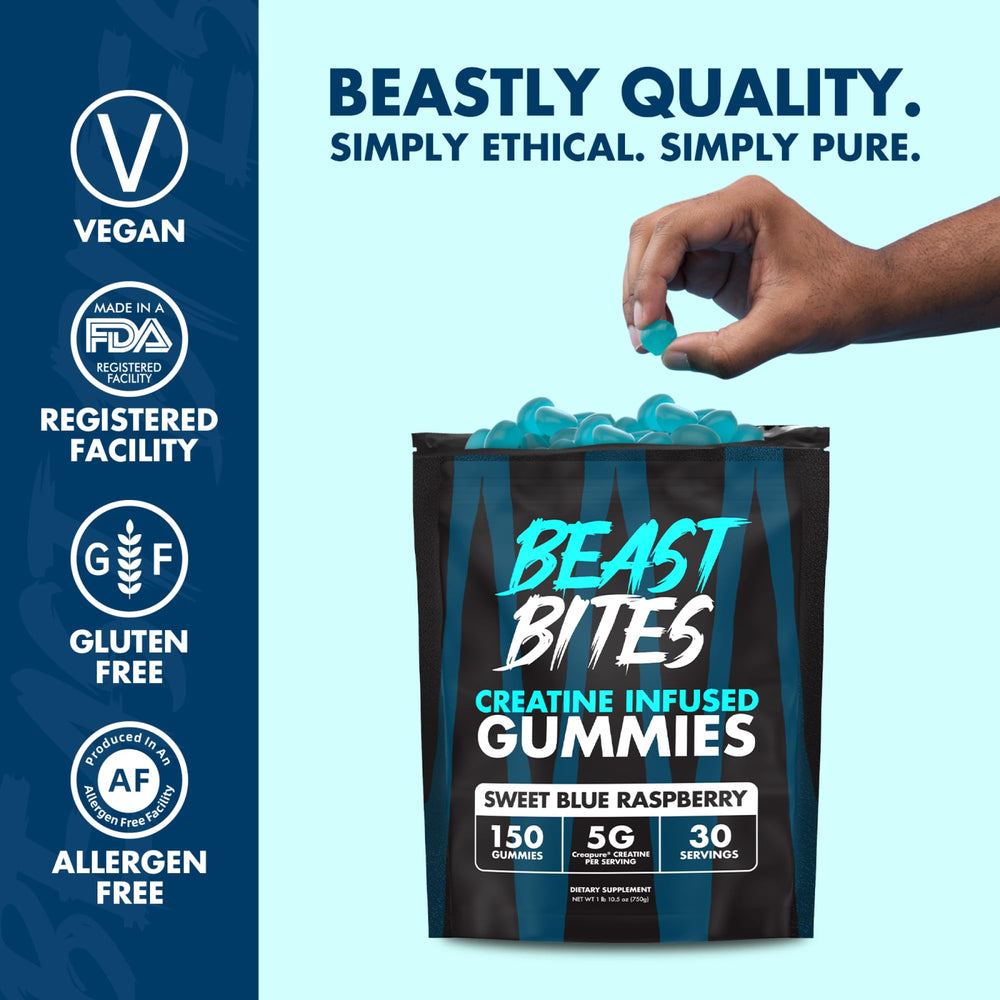 Gummies being poured with BEAST BITES logo visible