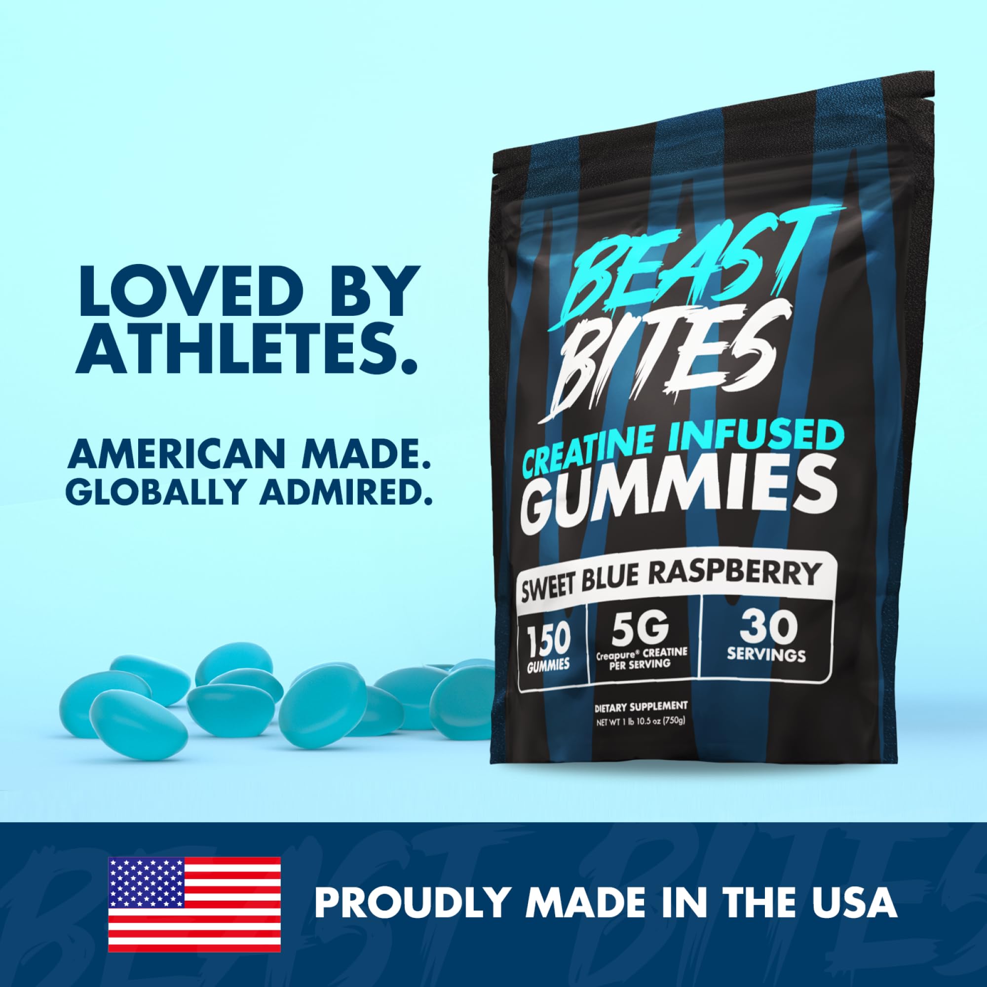USA-made label on BEAST BITES Creatine Gummies emphasizing Creapure