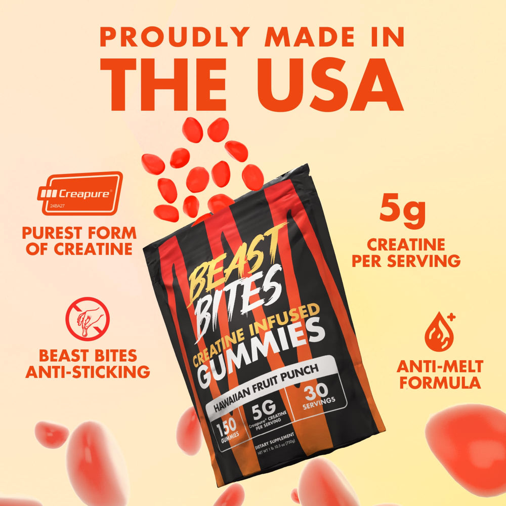 BEAST BITES Creatine Monohydrate Gummies bottle label highlighting 5g per serving for strength