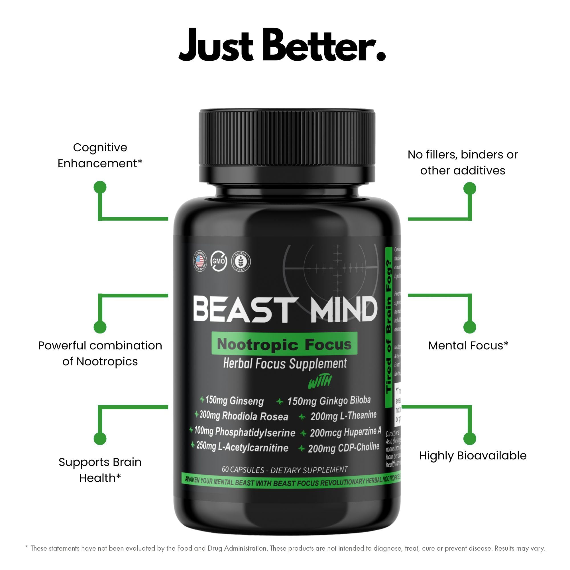 Beast Mind Focus bottle closeup highlights capsules and premium formulation for daily cognitive support.