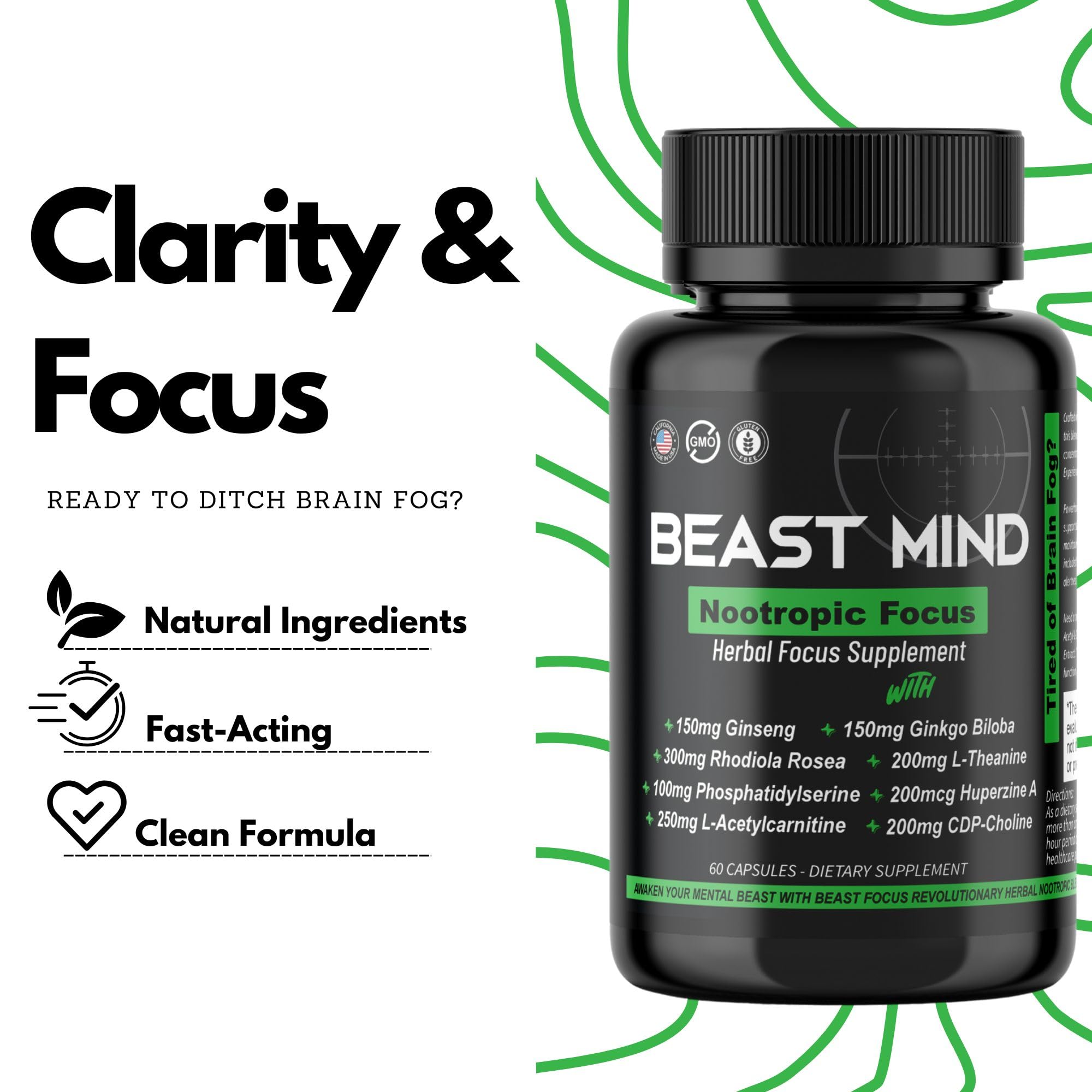 Beast Mind Focus capsules demonstrate convenient, quick-absorb ingredients for sustained clarity.