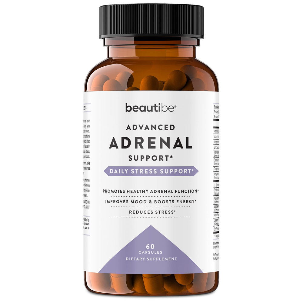 BeautiBe adrenal bottle close-up showing stress support and calm daytime energy.
