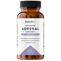 BeautiBe adrenal bottle close-up showing stress support and calm daytime energy.