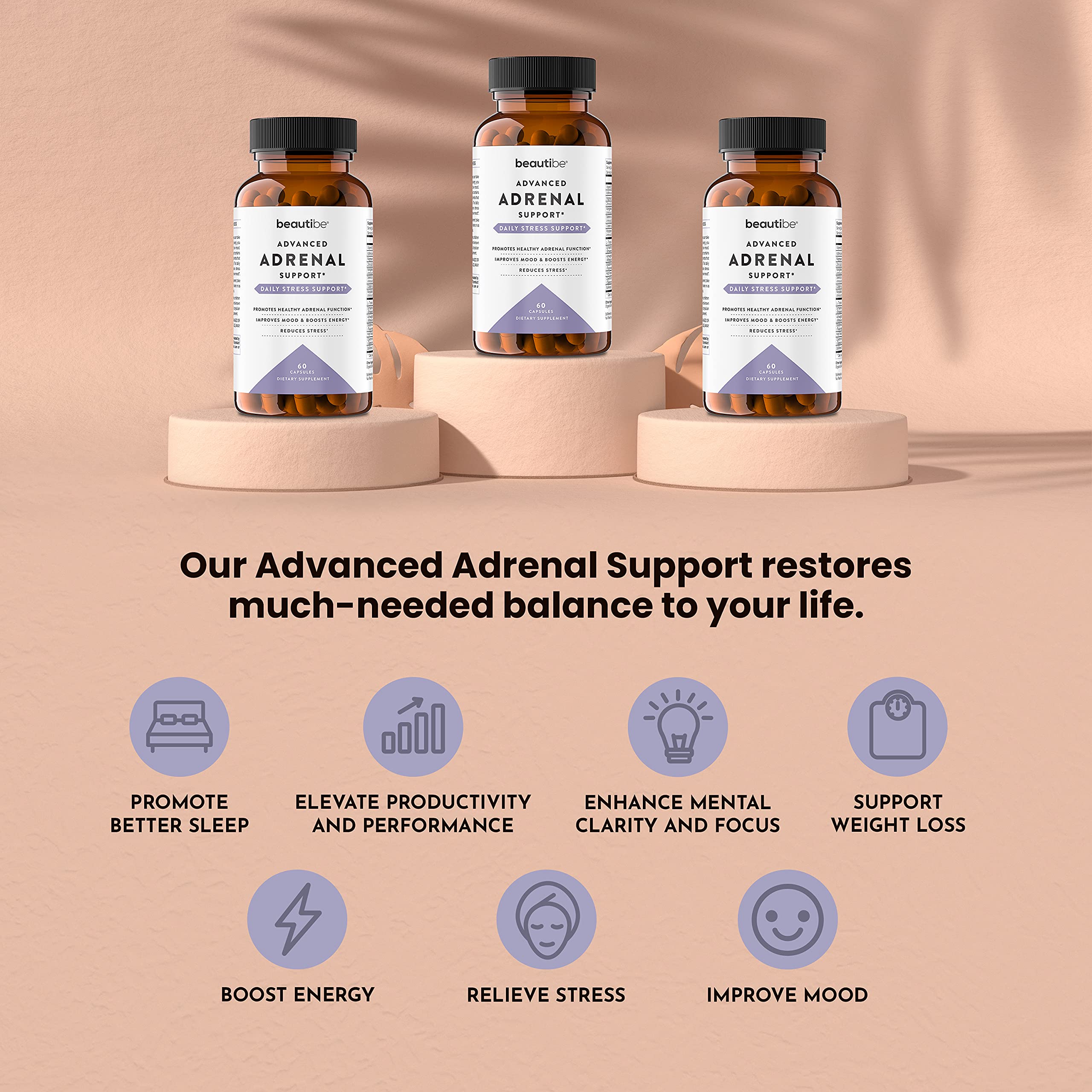 BeautiBe adrenal capsules packaging front communicates non-GMO vegan capsules.