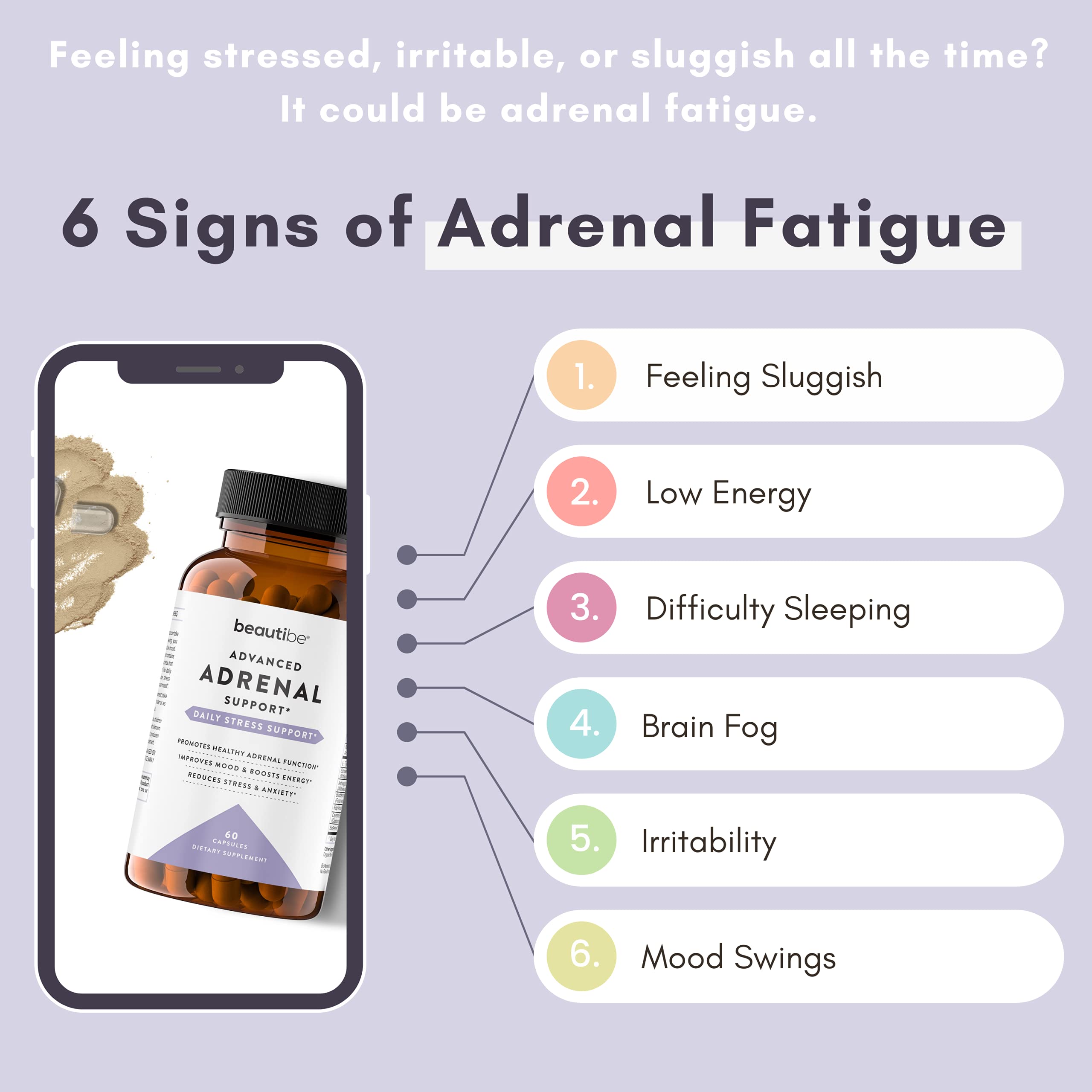 BeautiBe adrenal ingredients label highlighting ashwagandha and minerals for wellness.