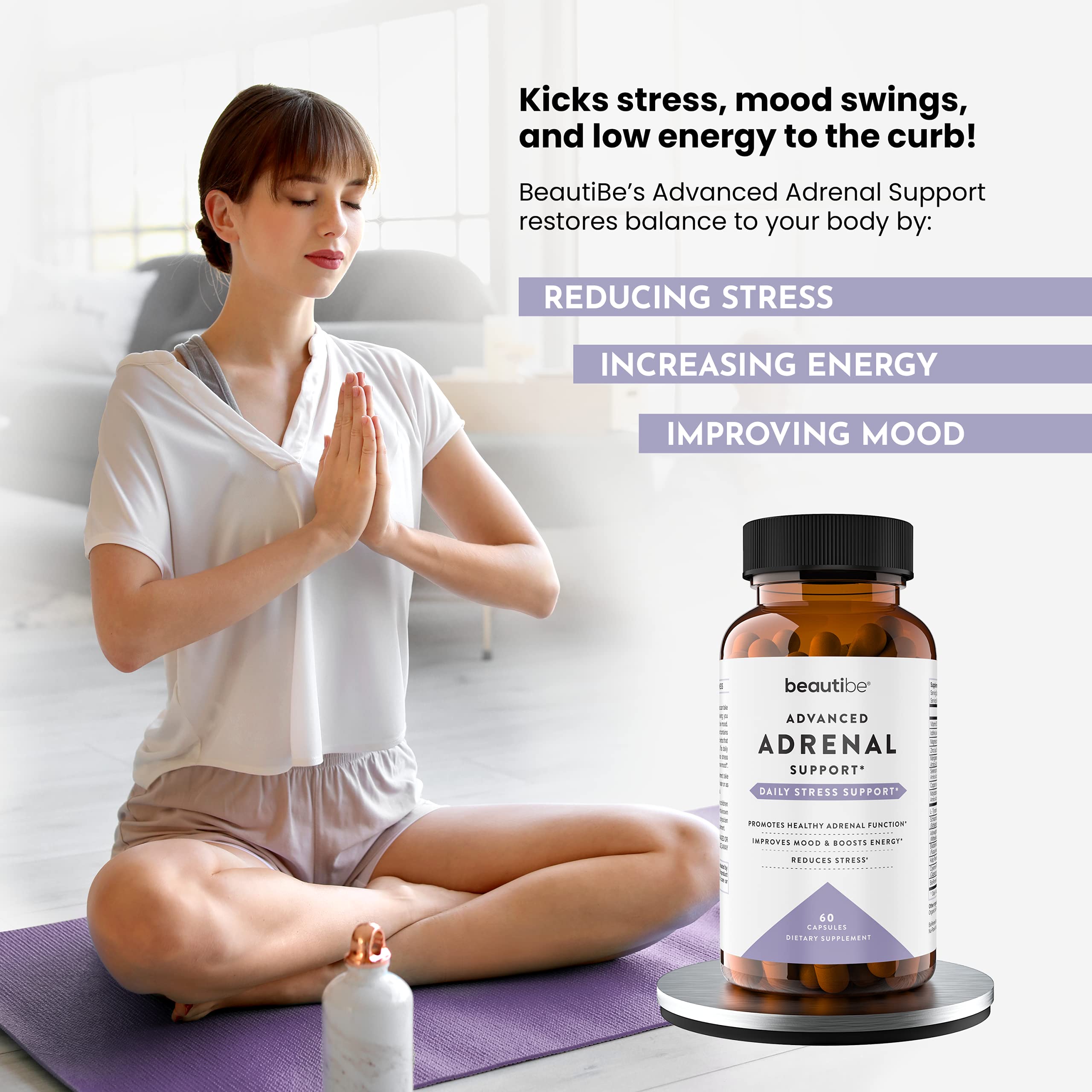 BeautiBe ashwagandha-l-tyrosine formula close-up highlights natural adaptogens.