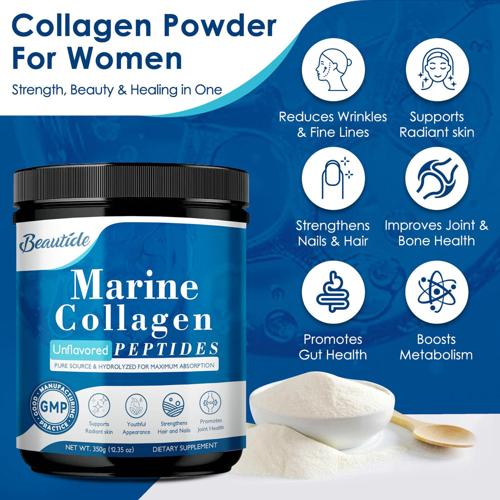 BEAUTIDE Marine Collagen Powder scoop emphasizes convenient, unflavored mix.