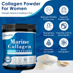 BEAUTIDE Marine Collagen Powder scoop emphasizes convenient, unflavored mix.