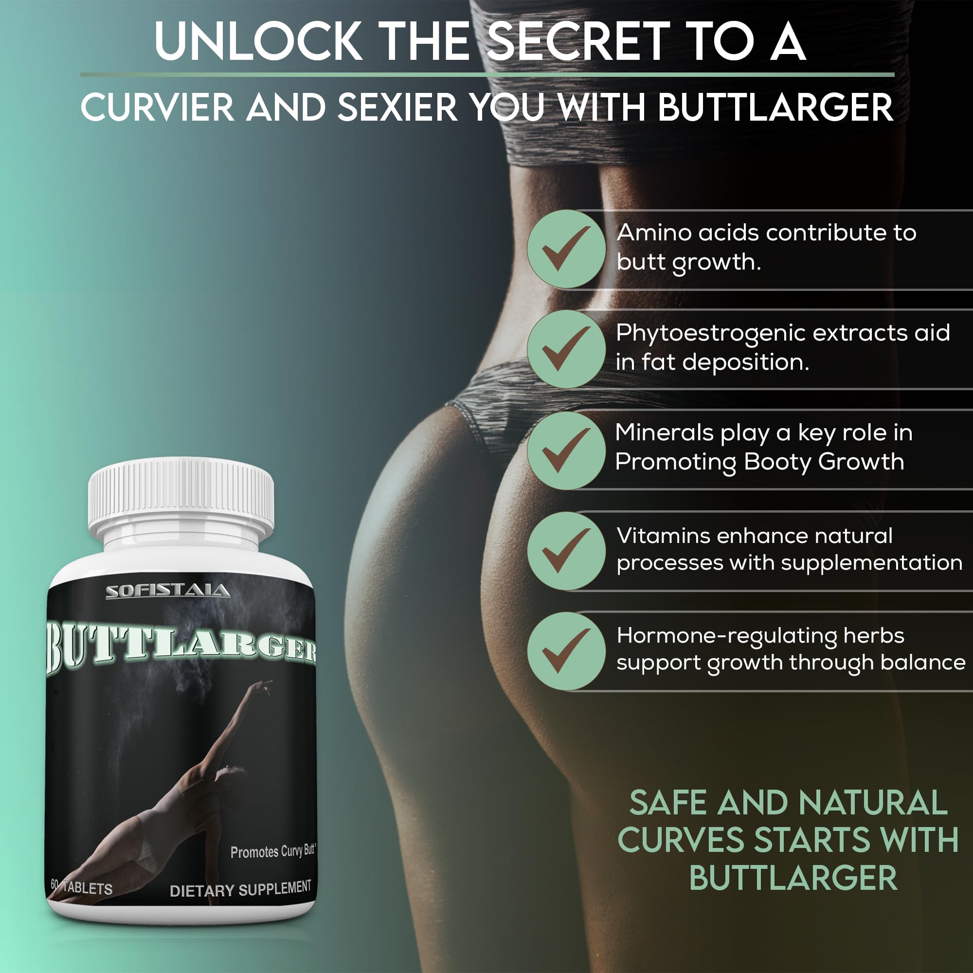 Close-up of Beautifyem Sofistaia ButtLARGER pills highlighting herbal and vitamin blend for firming.