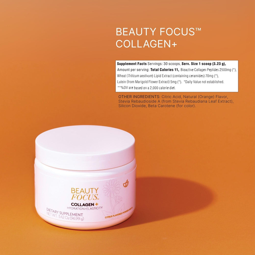 Beauty Focus Collagen+ ready-to-drink mix featured in juice for versatile daily use.