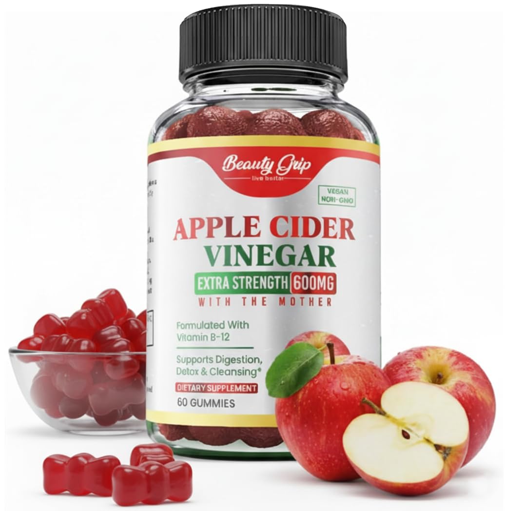 Beauty Grip Apple Cider Vinegar Gummies bottle close-up implying digestive support