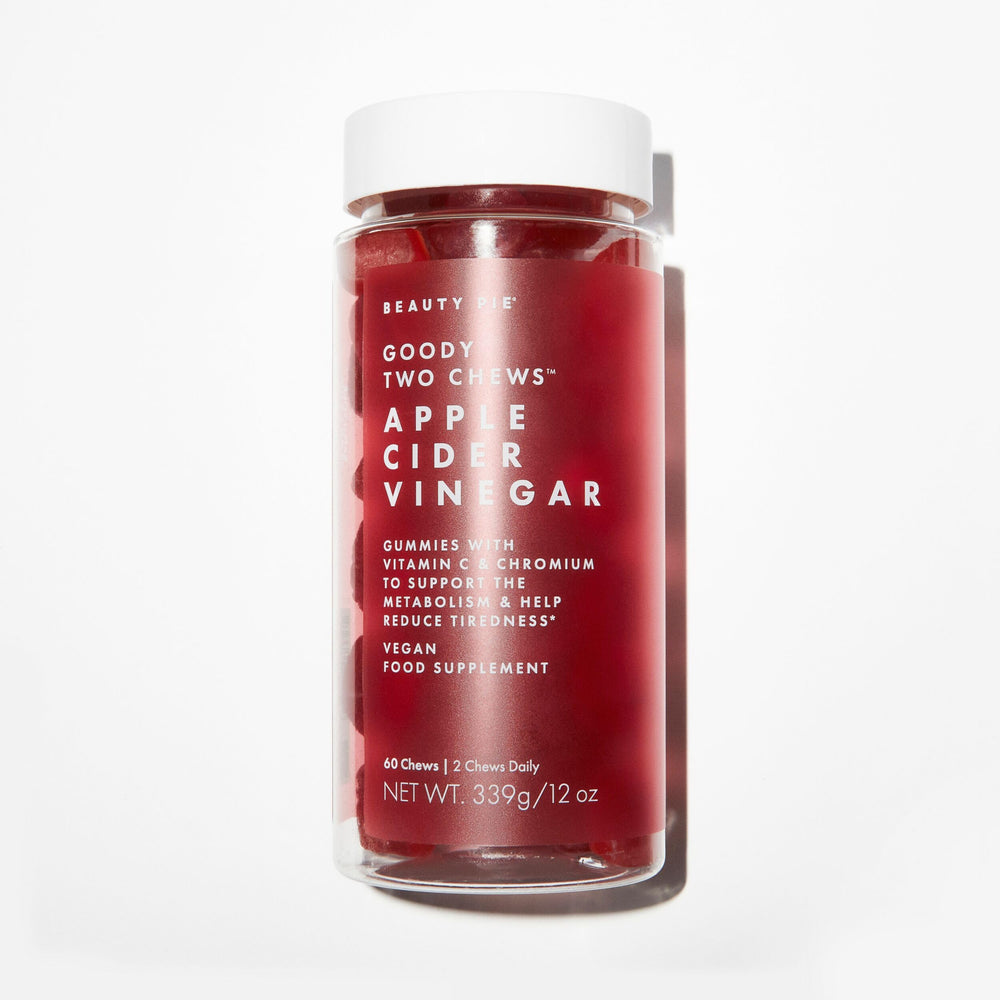 Beauty Pie Goody Two Chews gummy jar showing apple cider vinegar flavor for metabolism support