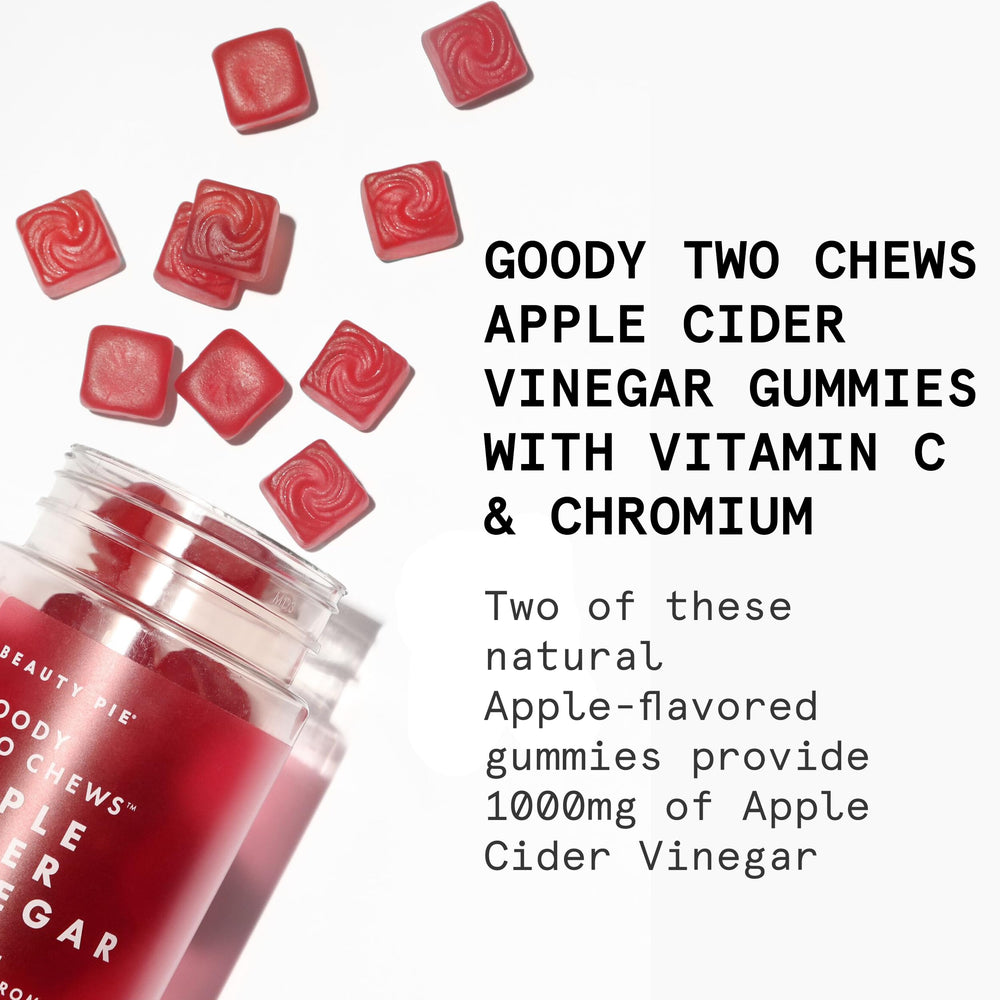 Beauty Pie Goody Two Chews gummies pack highlighting apple flavor and Vitamin C support