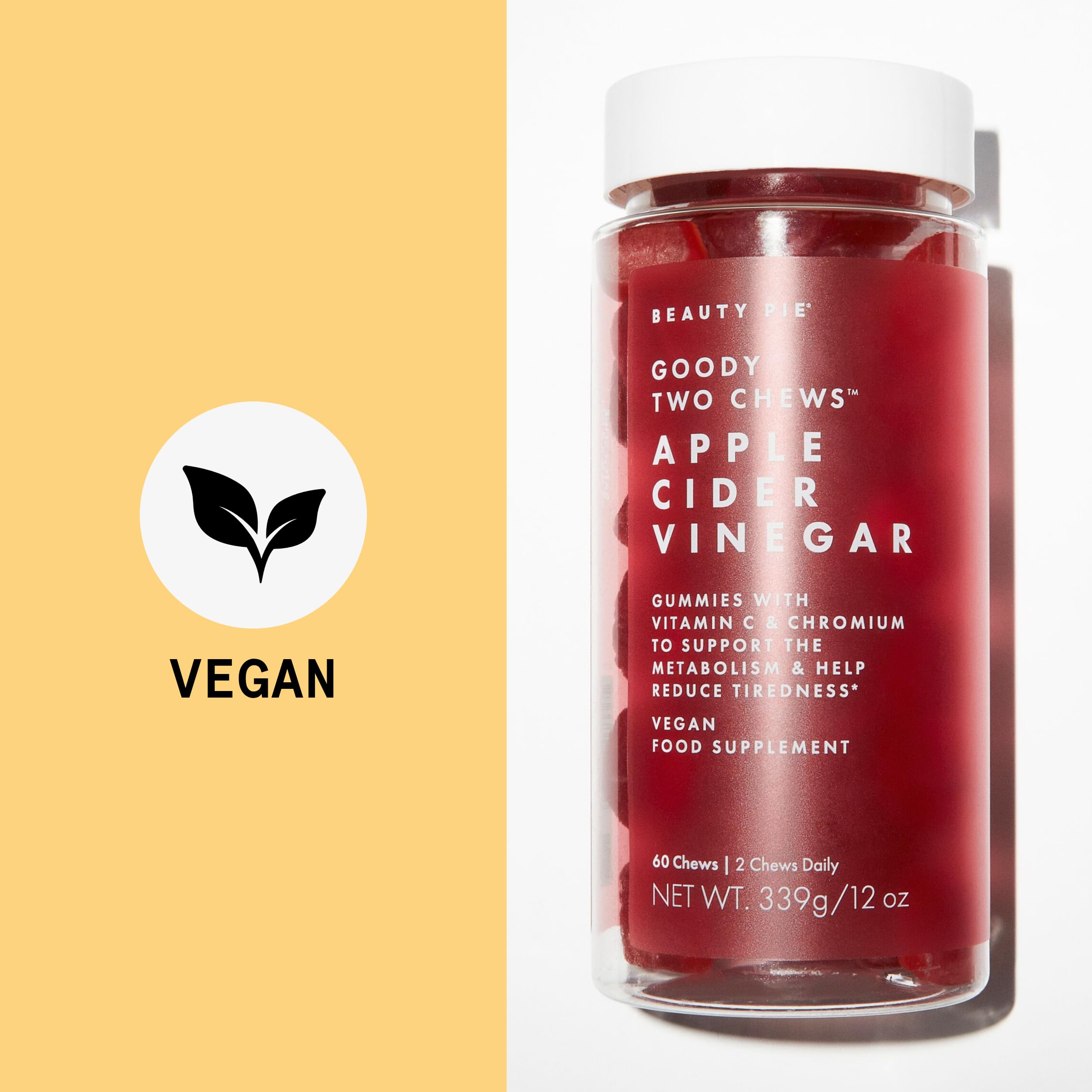 Beauty Pie Goody Two Chews vegan gluten-free badge on packaging highlighting dietary compatibility