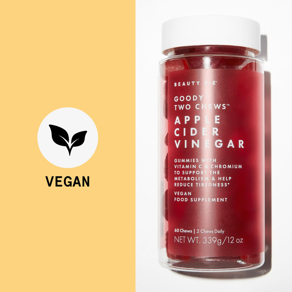 Beauty Pie Goody Two Chews vegan gluten-free badge on packaging highlighting dietary compatibility