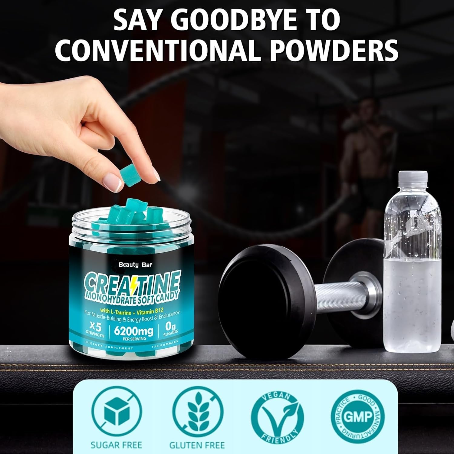 Beauty Bar 120-count bottle provides convenient daily creatine support.