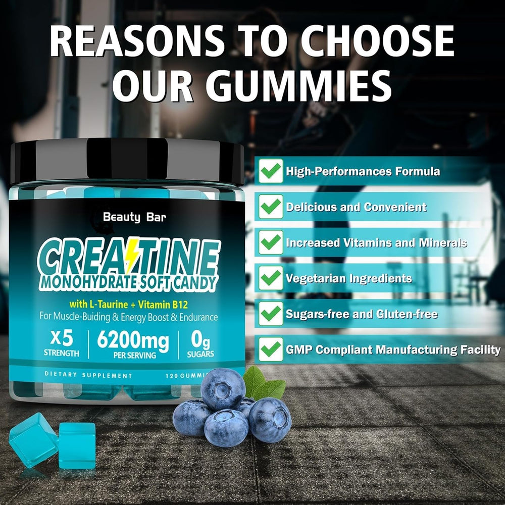 Beauty Bar gummies beside a workout mat, suggesting on-the-go strength support.