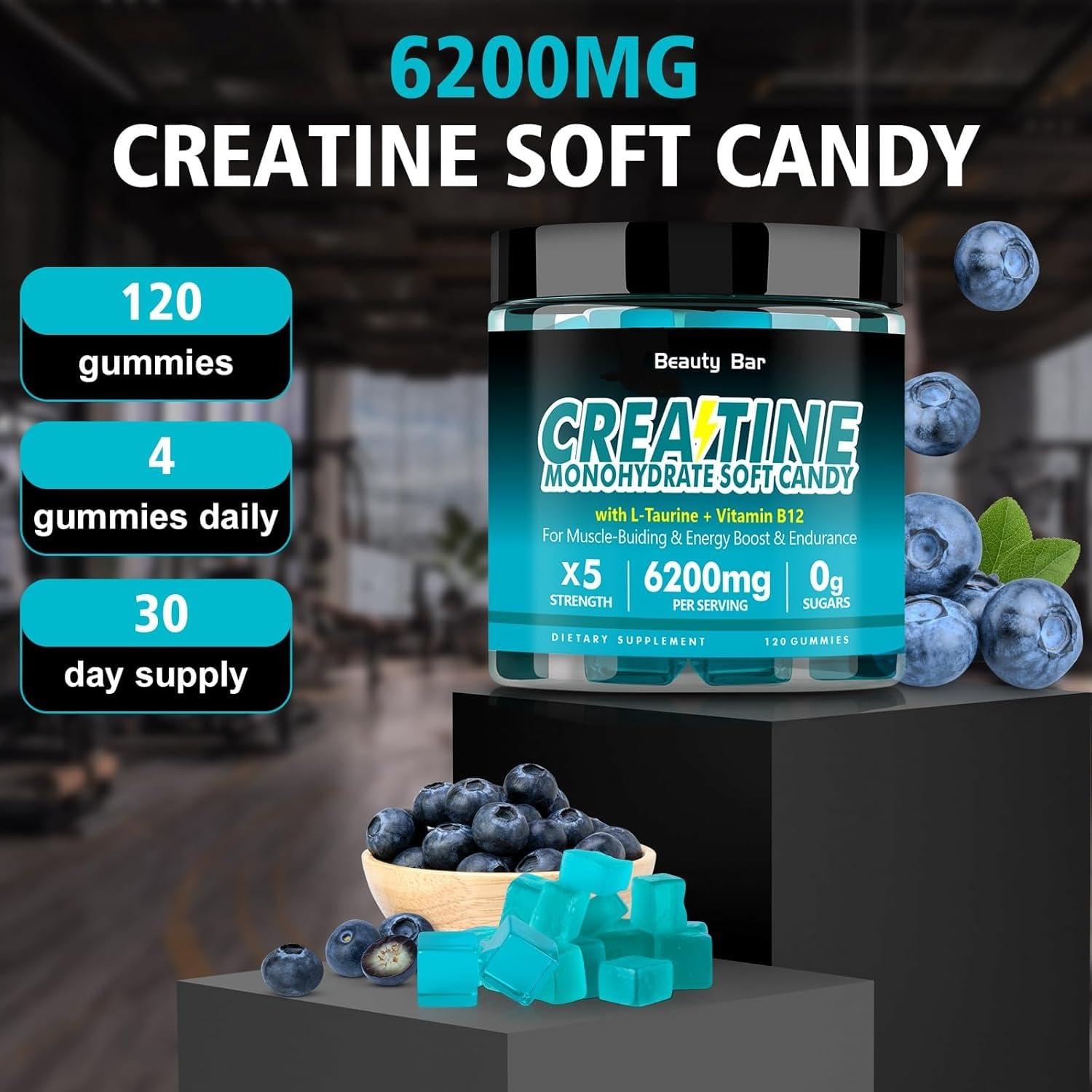 Beauty Bar bottle with blueberries conveys natural flavor and vitamin-rich ingredients.