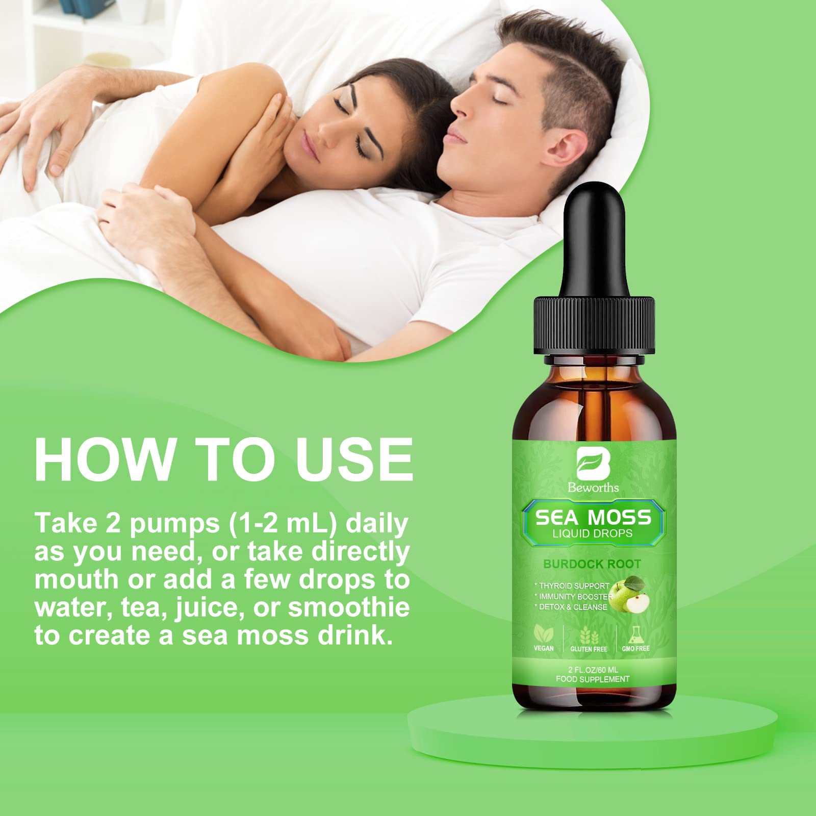 Burdock root beside B BEWORTHS Sea Moss bottle highlights key mineral blend