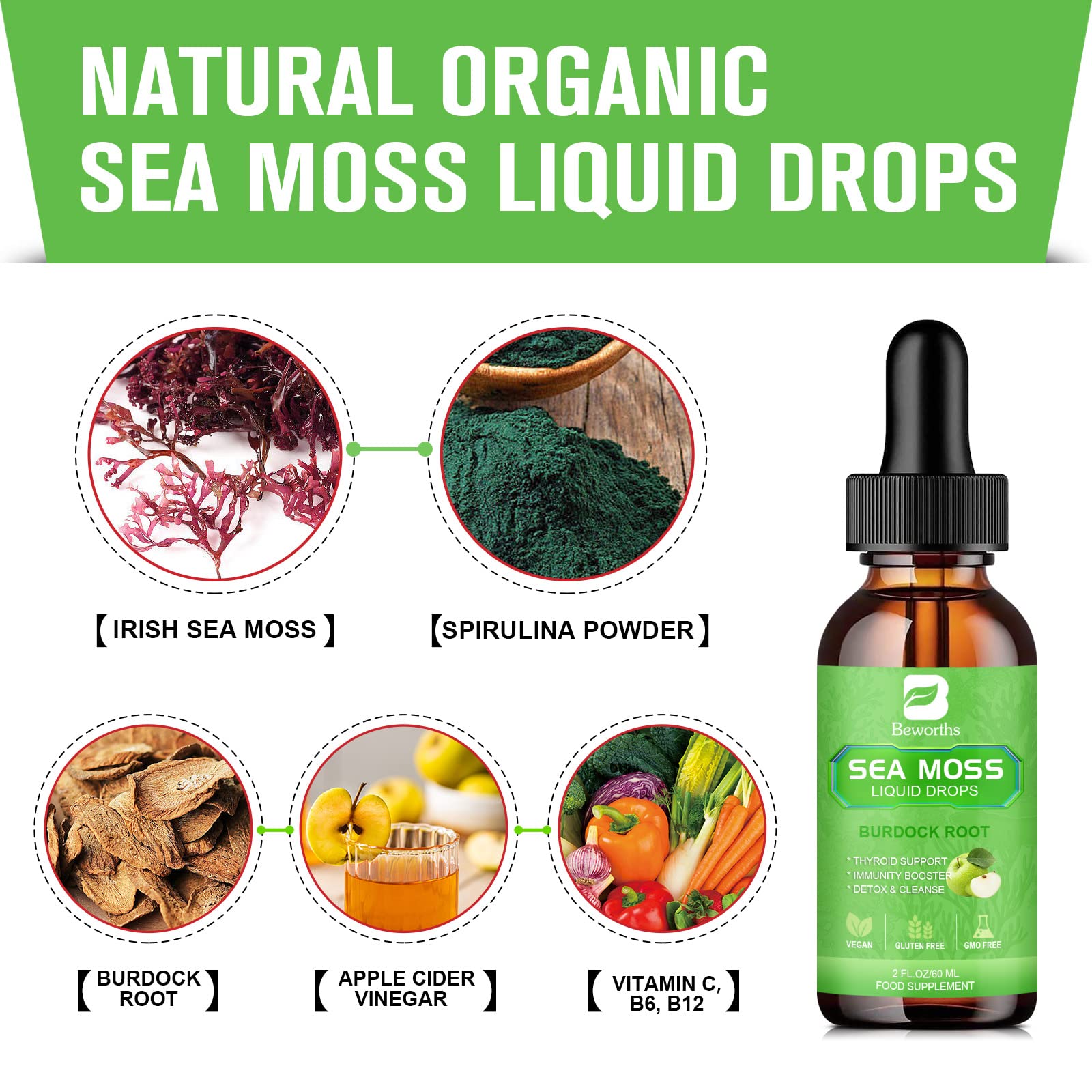 Dropper releasing drops into water from B BEWORTHS Sea Moss bottle for convenient energy